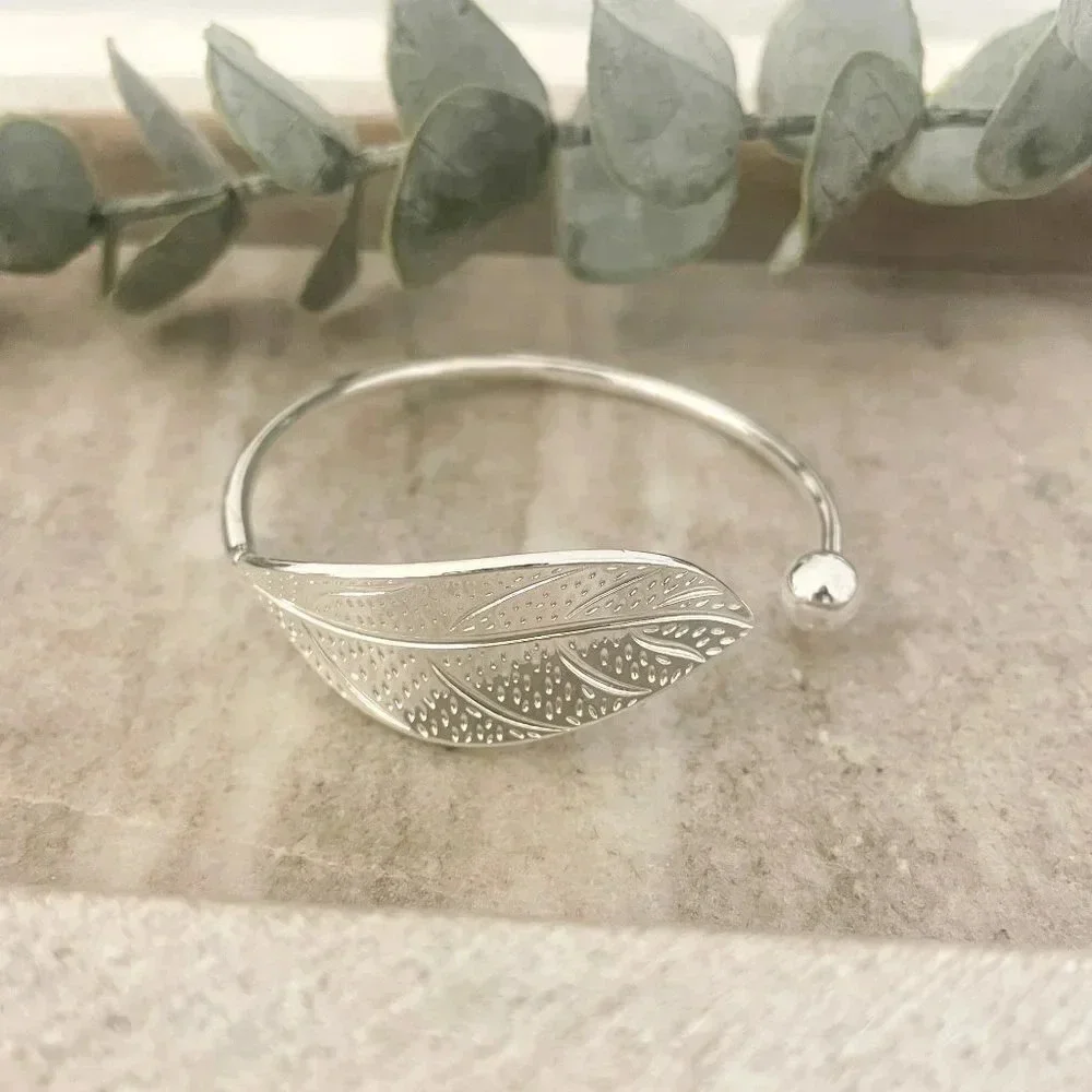 925 Sterling Silver Leaf Bracelet Adjustable Bangle Cuff Statement Bracelet